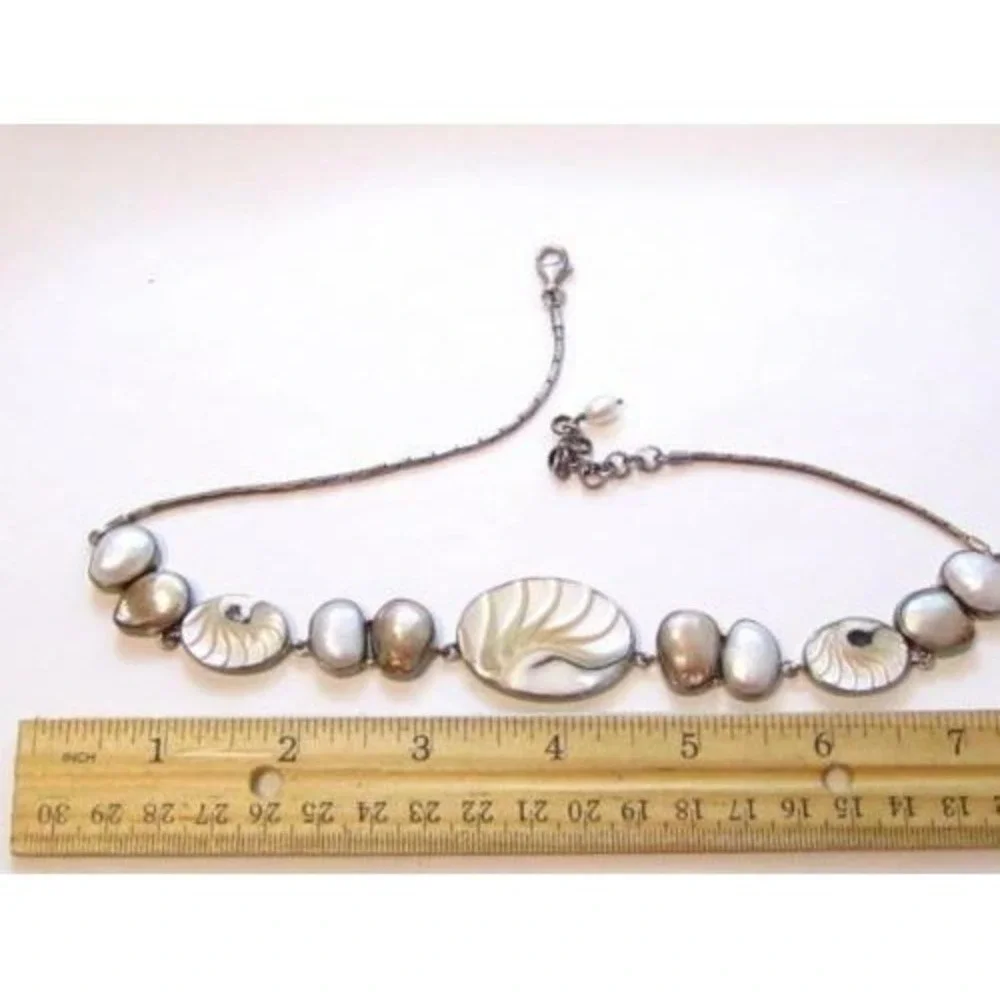 Vintage Stunning Bezel Set Freshwater Pearl Shell Sterling Silver 925 Necklace‎